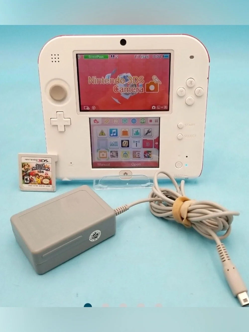 Nintendo 2DS White Handheld Console with Gray Charger and Game Card